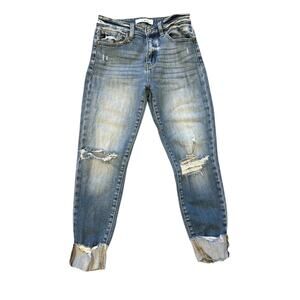 Kancan High Rise Ankle Distressed Skinny Blue Jean Cuffed Hem